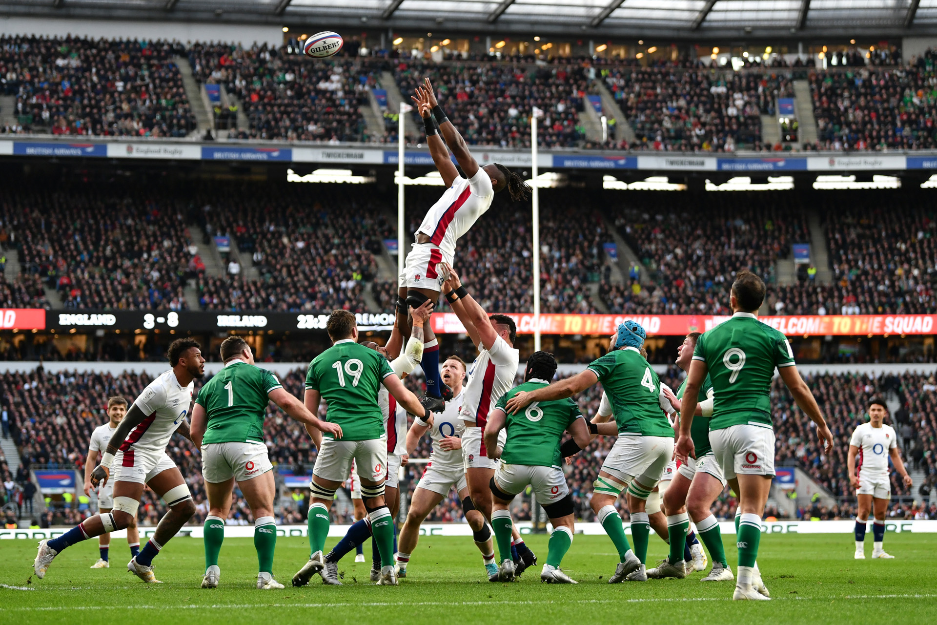 Maro Itoje of England jumps in the lineout during the Guinness Six Nations Rugby match between England and Ireland at Twickenham Stadium on March 12, 2022 in London, England