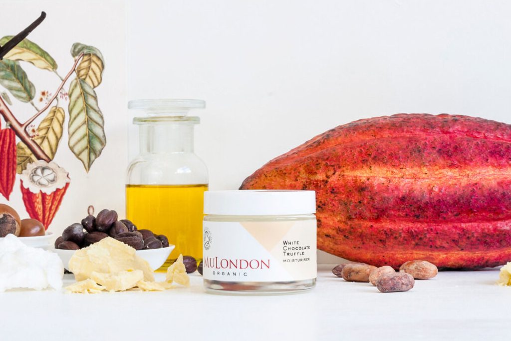 Pot of moisturiser surrounded by natural ingredients