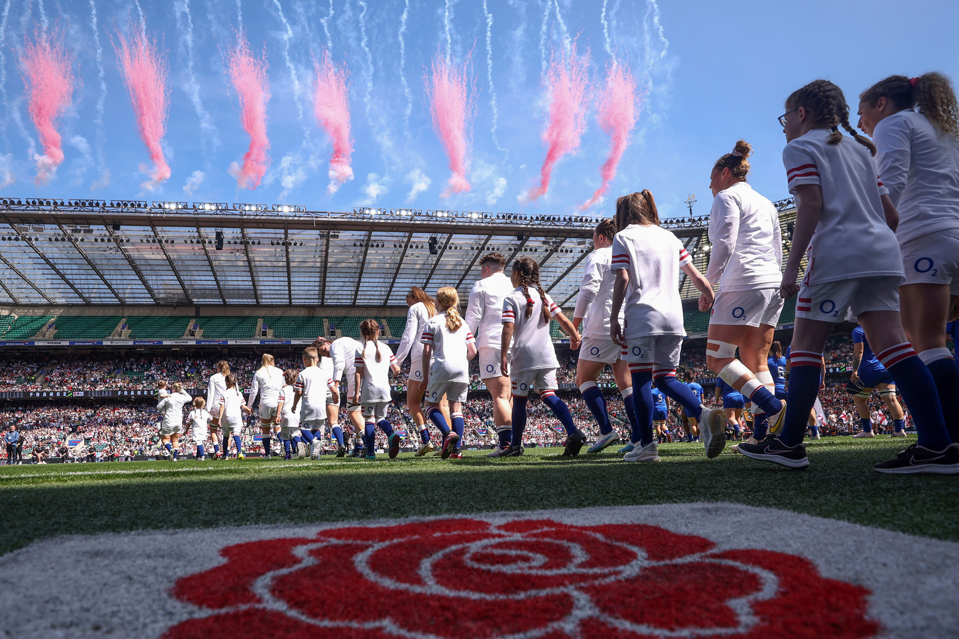 General view as pyrotechnics are set off as the team takes to the pitch ahead of the TikTok Women's Six Nations match between England and France at Twickenham Stadium on April 29, 2023 in London, England.