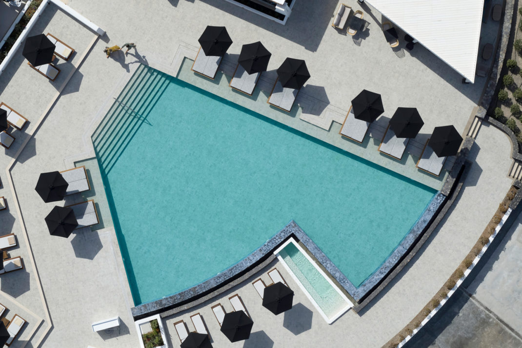 Aerial view of Santorini resort with pool