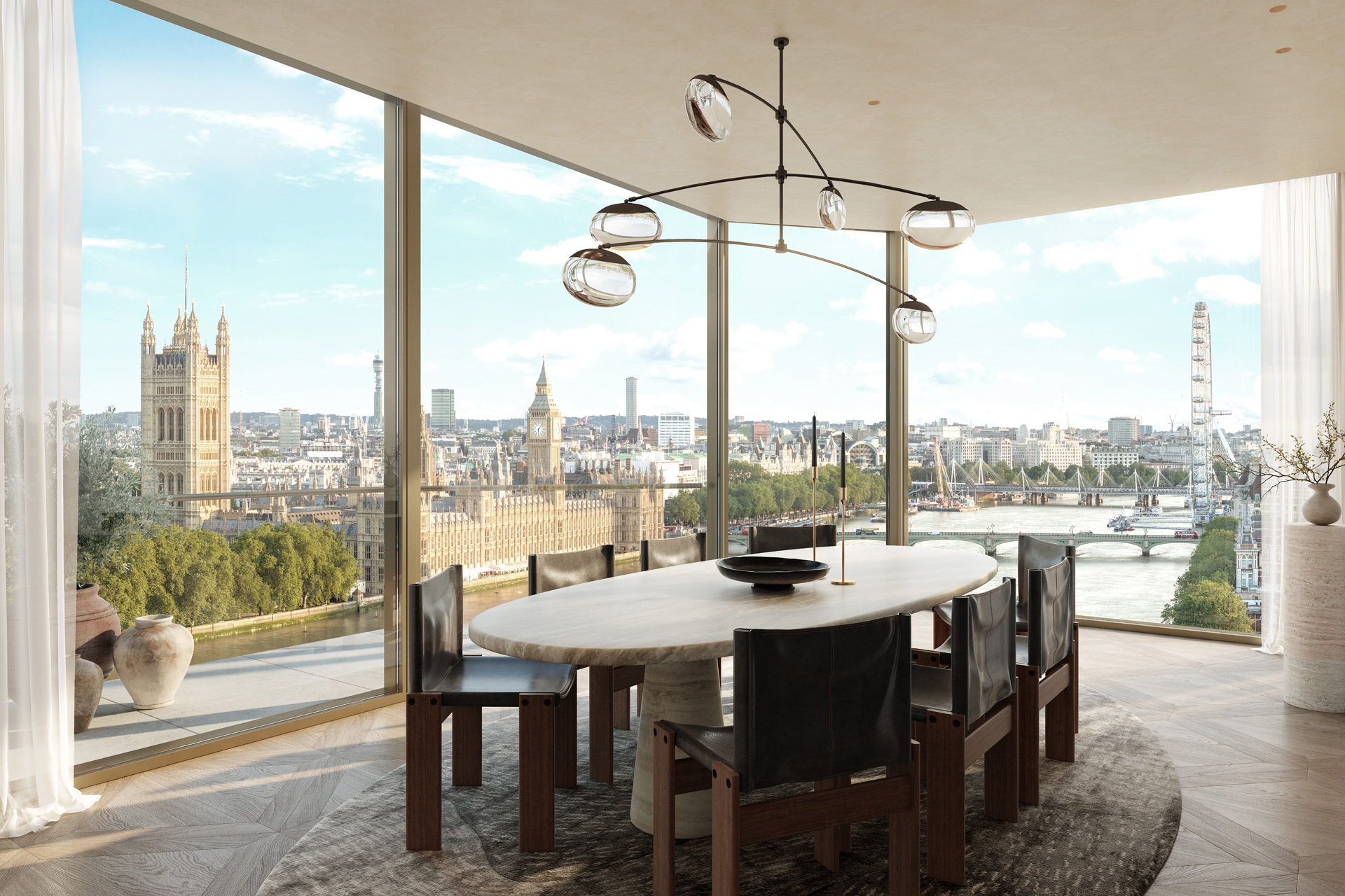 Dining room in London apartment overlooking Big Ben