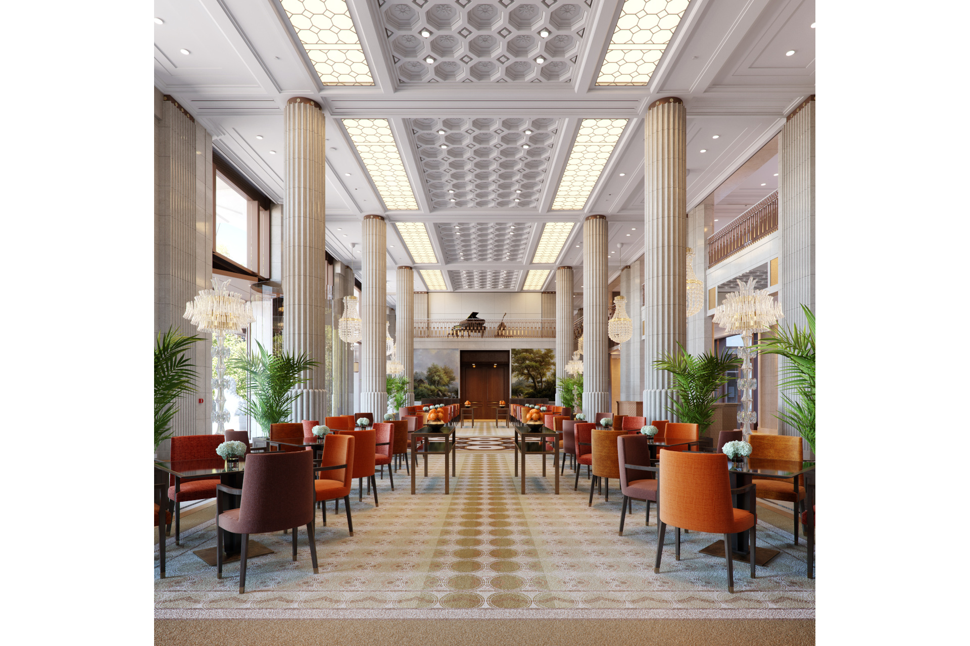 Hotel lobby with pillars