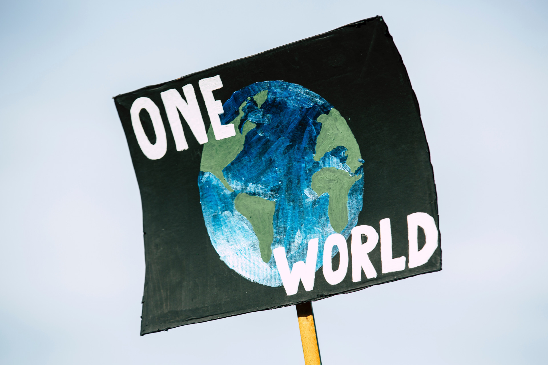 Placard with globe drawing and the words 'one world'.