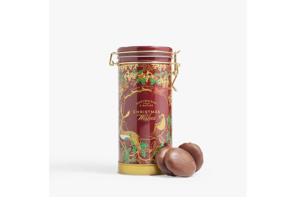 Red tin with chocolate biscuits