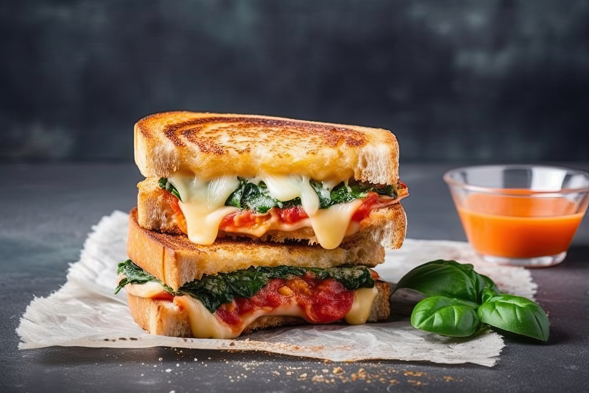 Cheese toastie with spinach and tomato