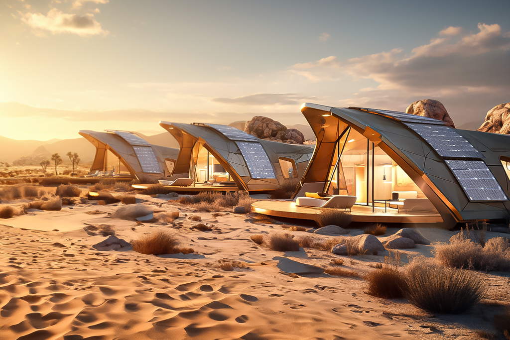 A CGI image of pop-up cabins in the dessert