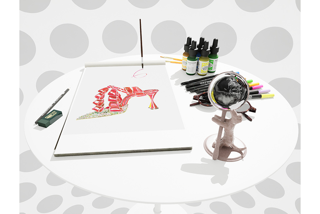 White table with sketchbook featuring show drawing