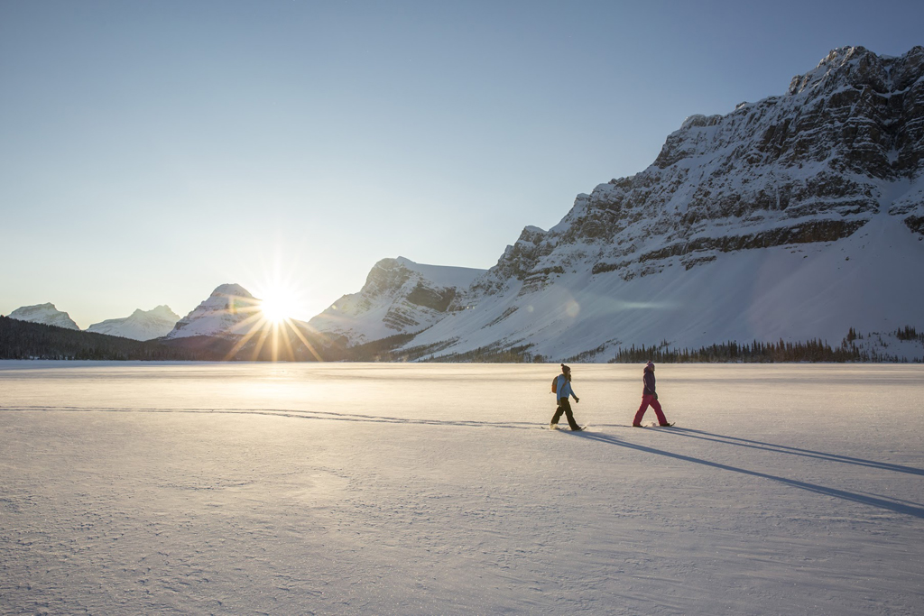 Snowshoeing on Bow Lake, Banff, Alberta