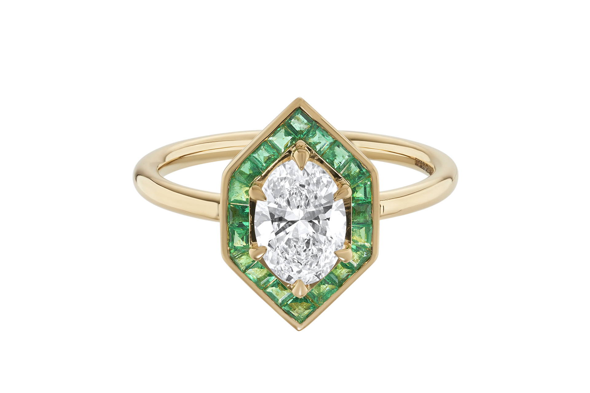 Gold ring with green and white stones