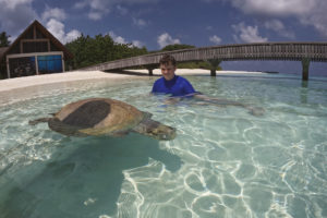 Raif in the water with the turtle