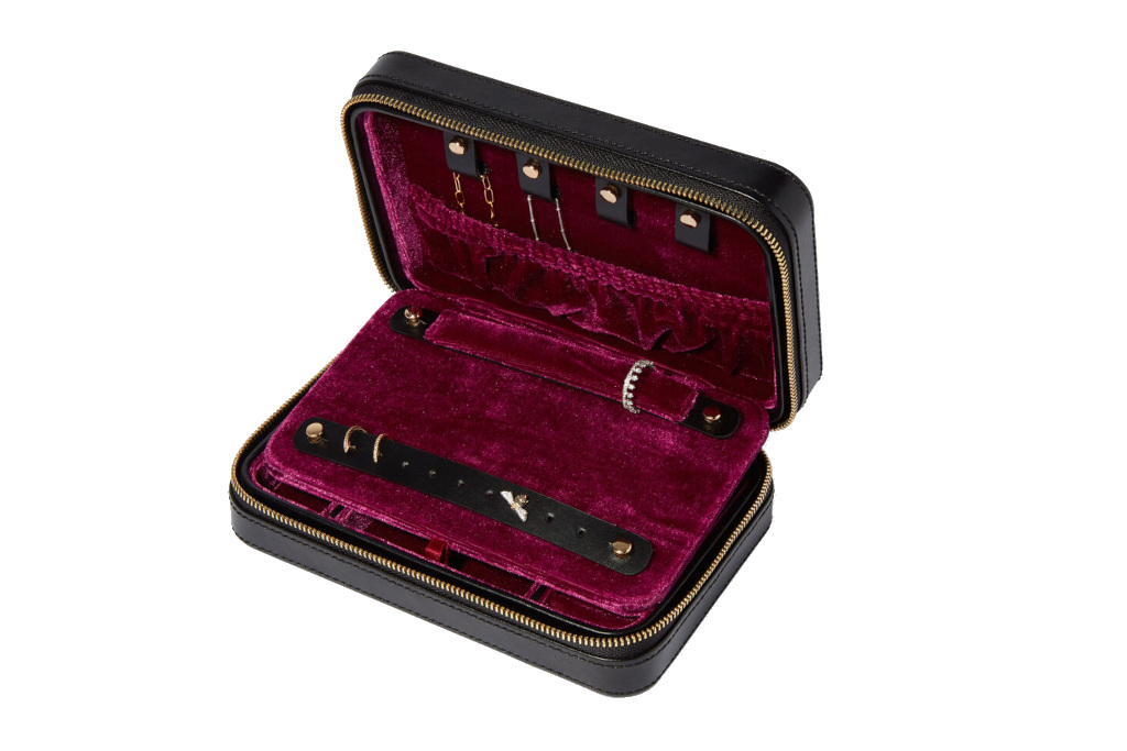 Black leather travel box with red velvet inner