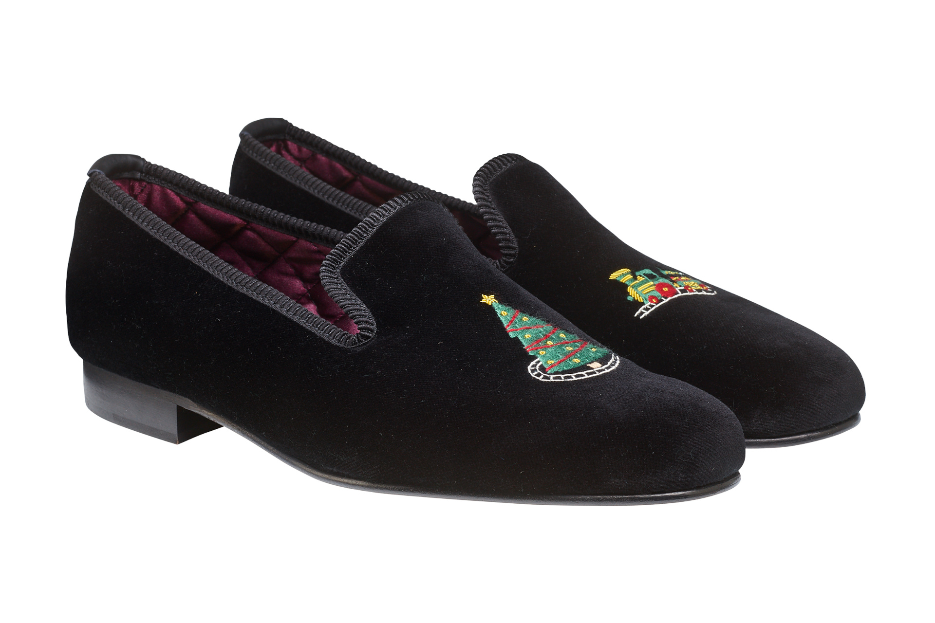 Black velvet slippers with Christmas embroidery