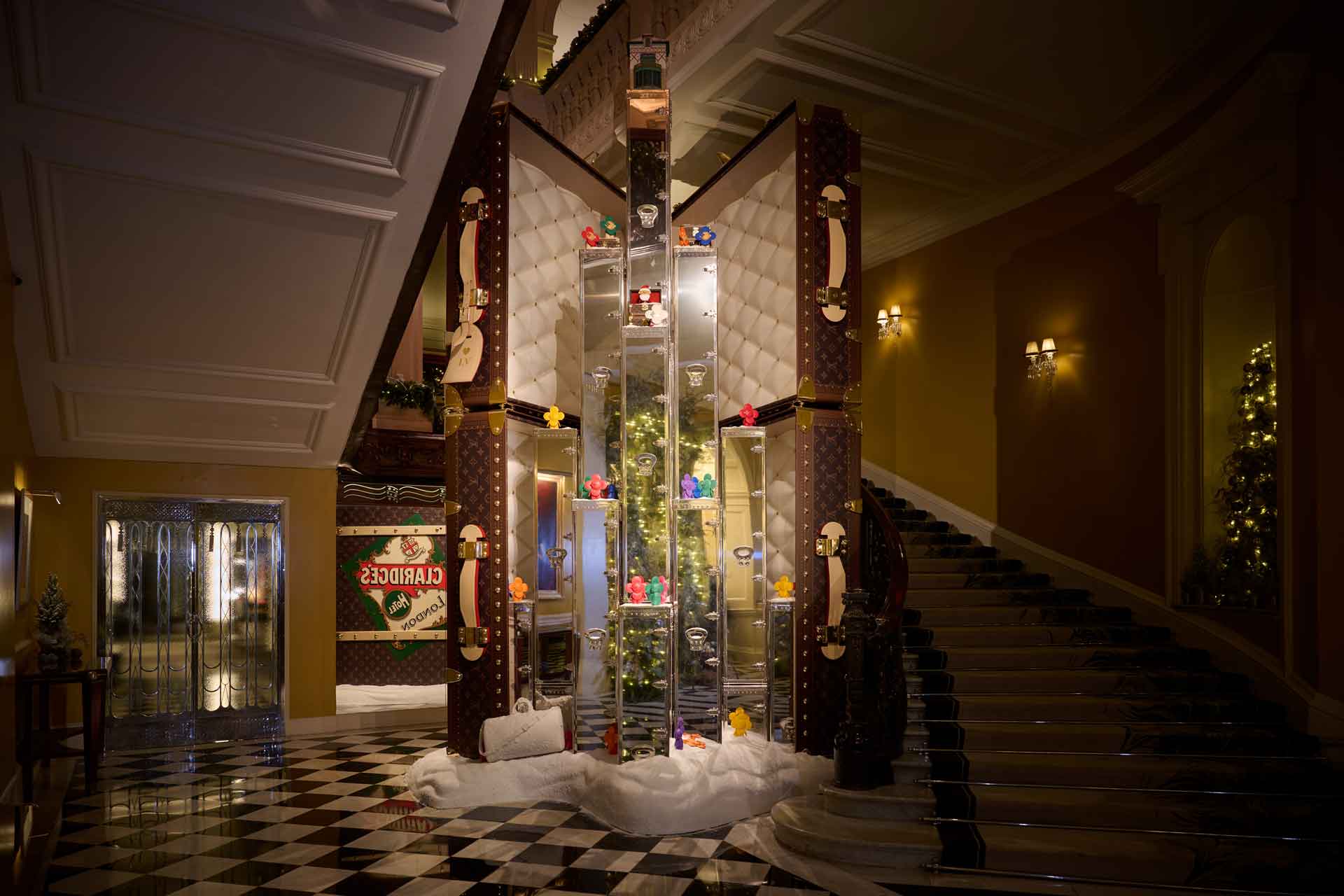 Louis Vuitton Christmas tree made of stacked Louis Vuitton trunks