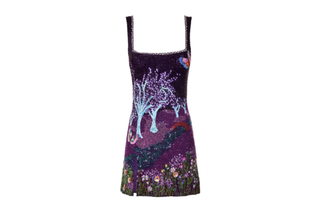 Purple mini dress with tree illustrations
