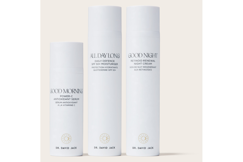 Three light blue skincare bottles