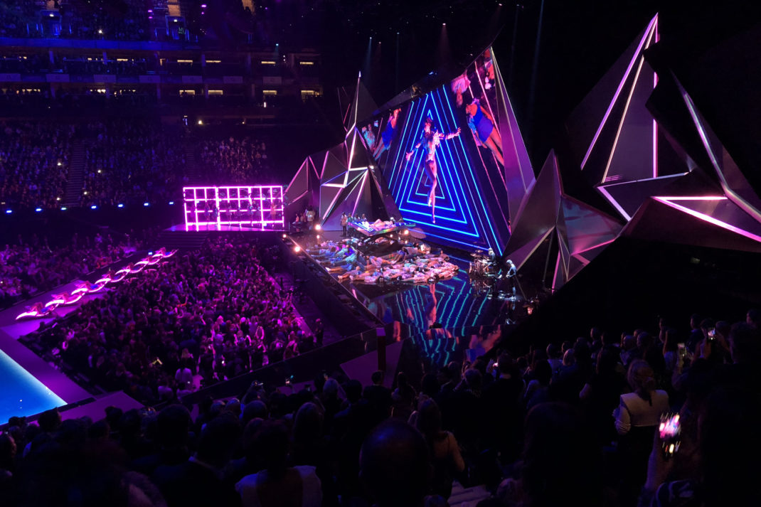 Dua Lipa performing at the BRIT Awards