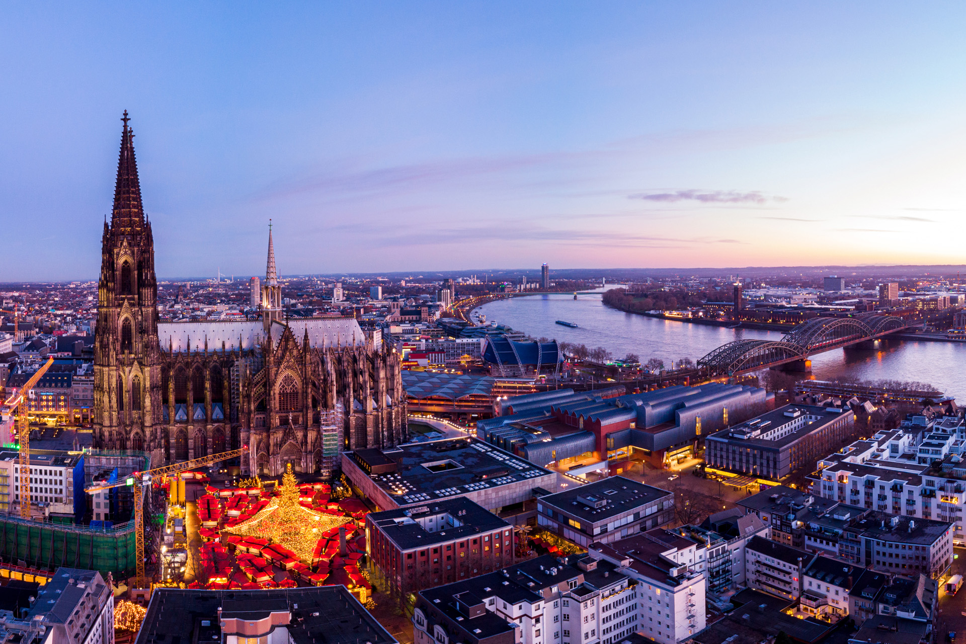 Cologne Germany Christmas market, aerial drone view over Cologne rhine river Germany Europe