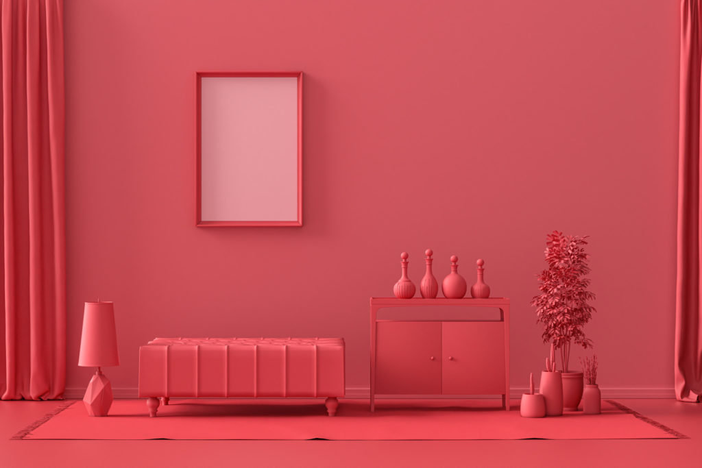 Colour drenching: Single Frame Gallery Wall in dark red, maroon color monochrome flat room with furniture and plants, 3d Rendering, poster mockup room