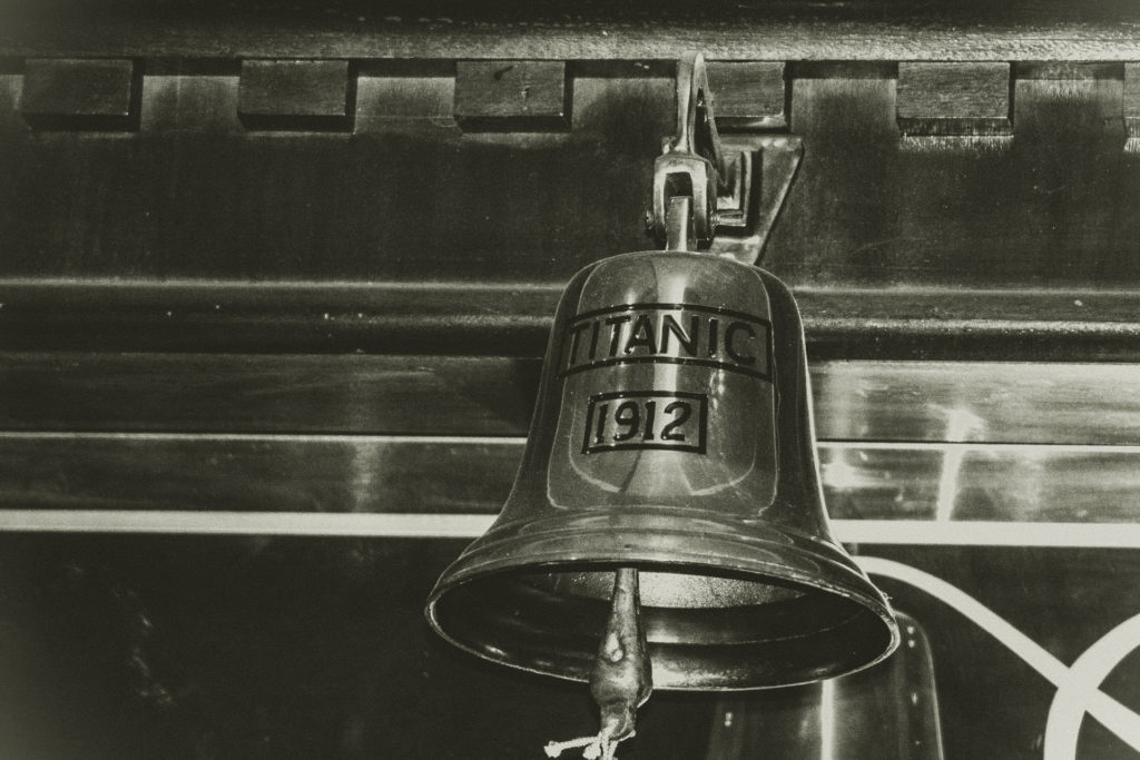 Black and white photo of old bell