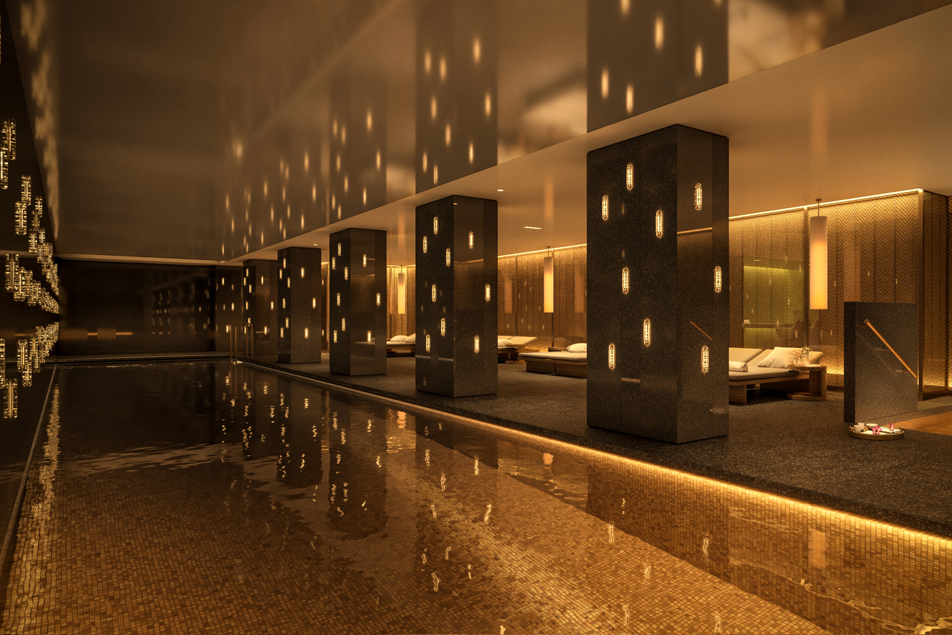 Golden indoor pool with loungers to the side | Mandarin Oriental Mayfair's spa