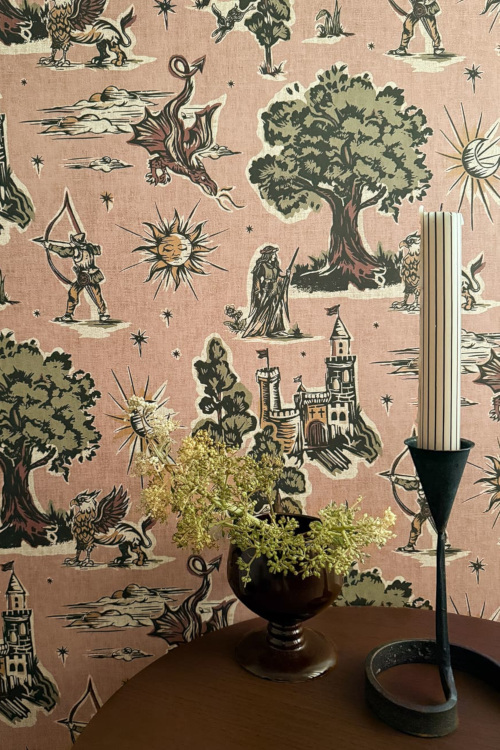 Pink paper with fantasy illustrations