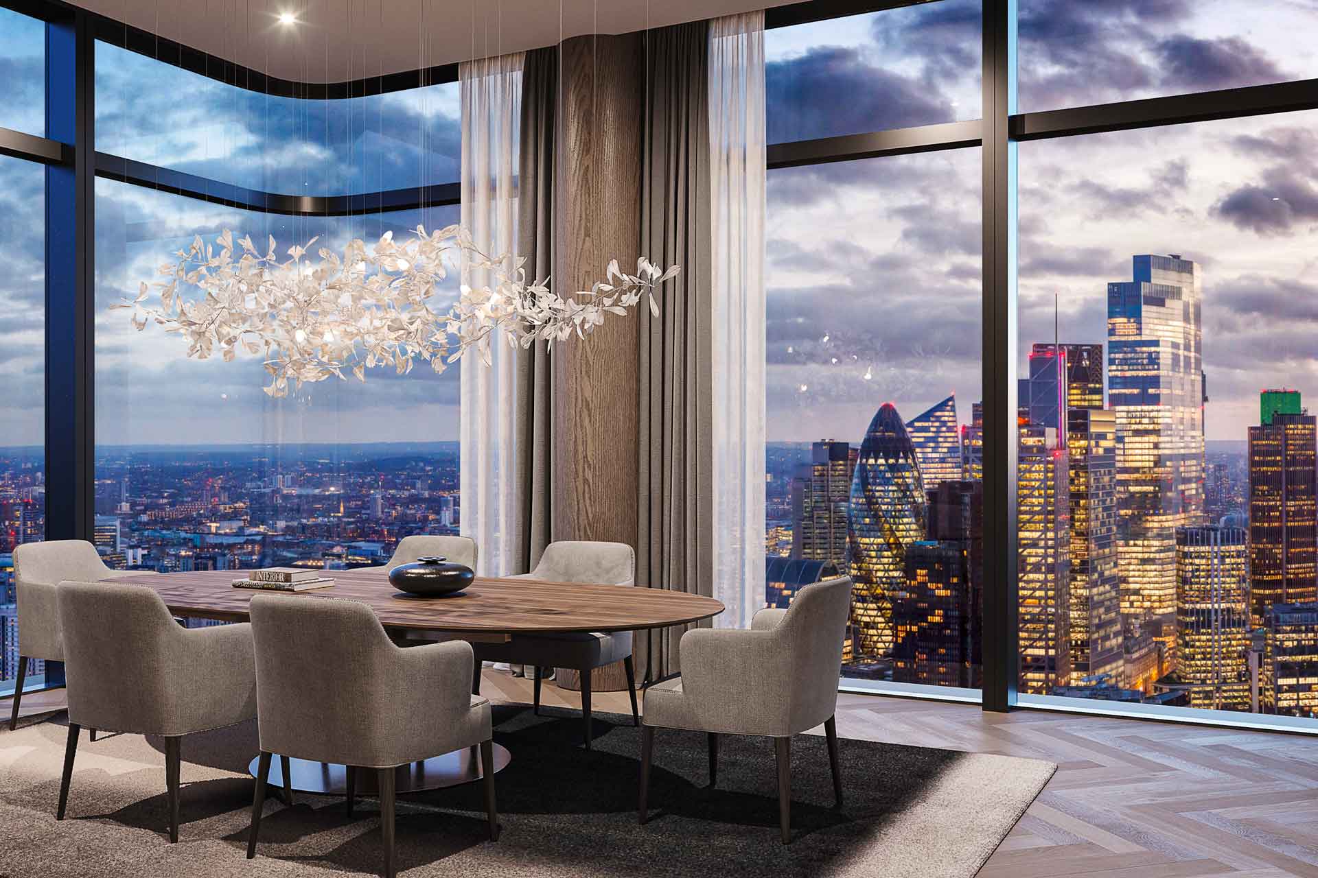 Penthouse dining room with floor-to-ceiling windows and views of the London skyline