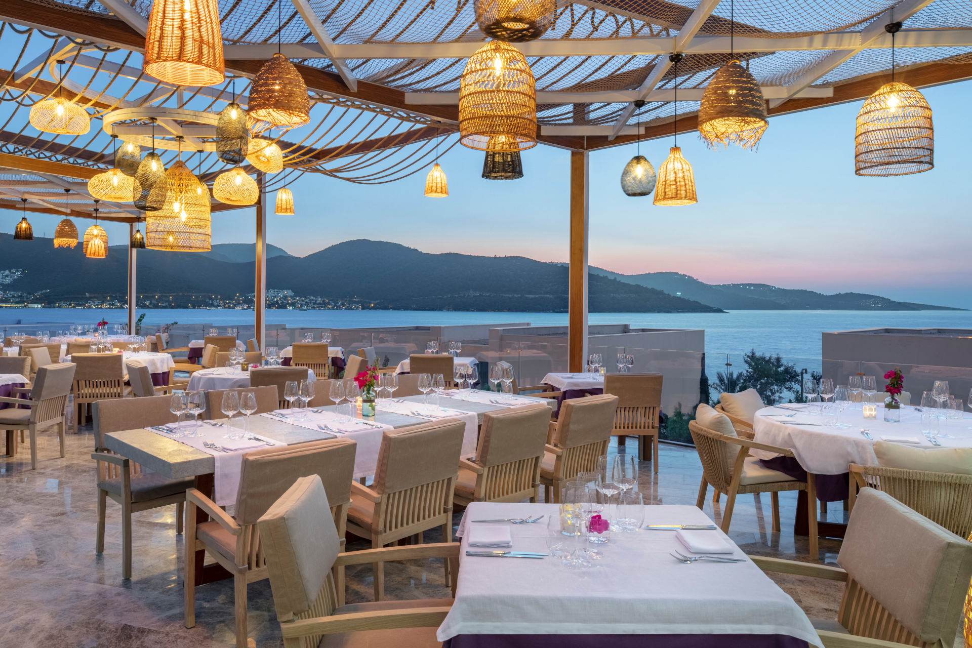 Tables with overhead lanterns