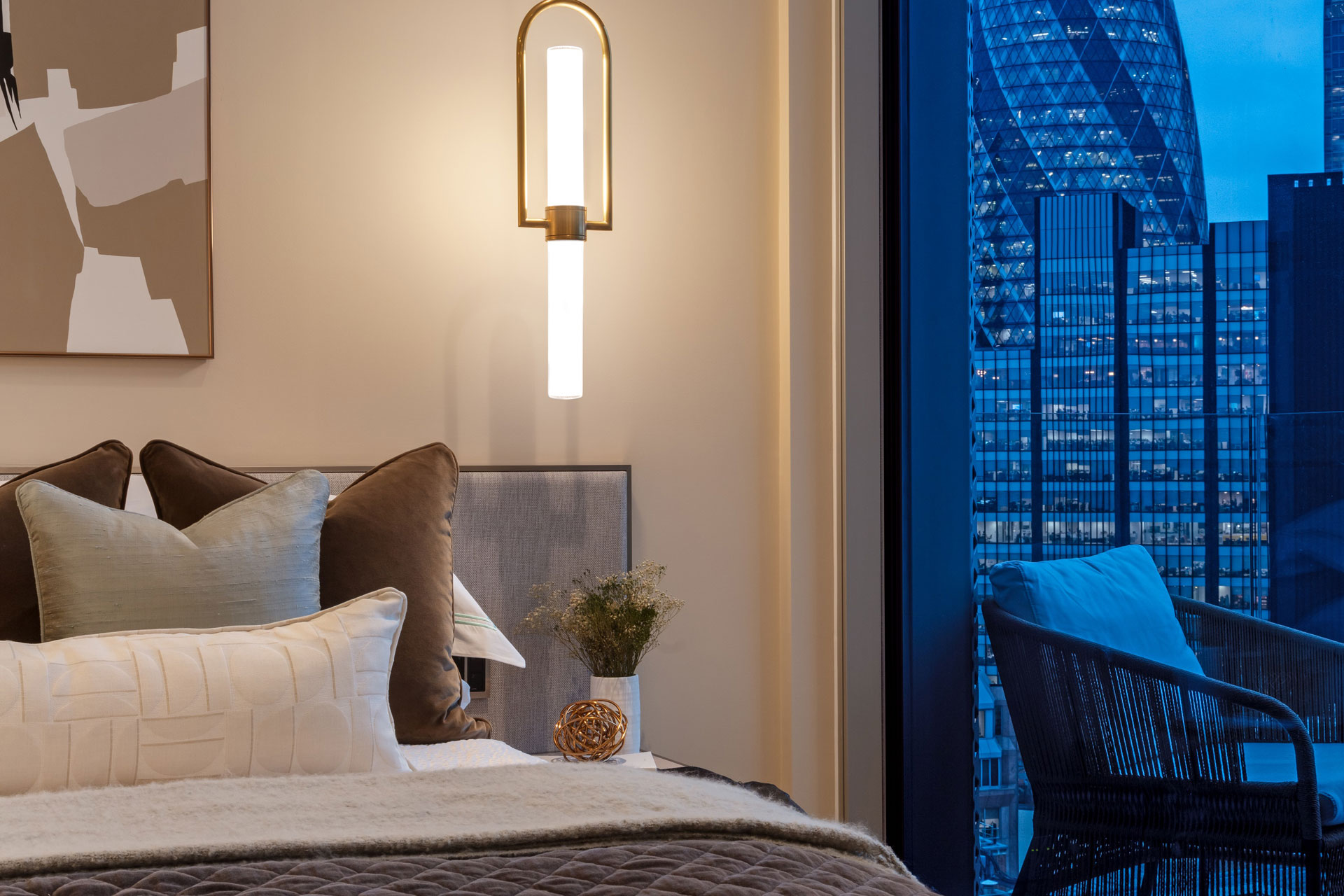 Bedroom with balcony overlooking The Gherkin.