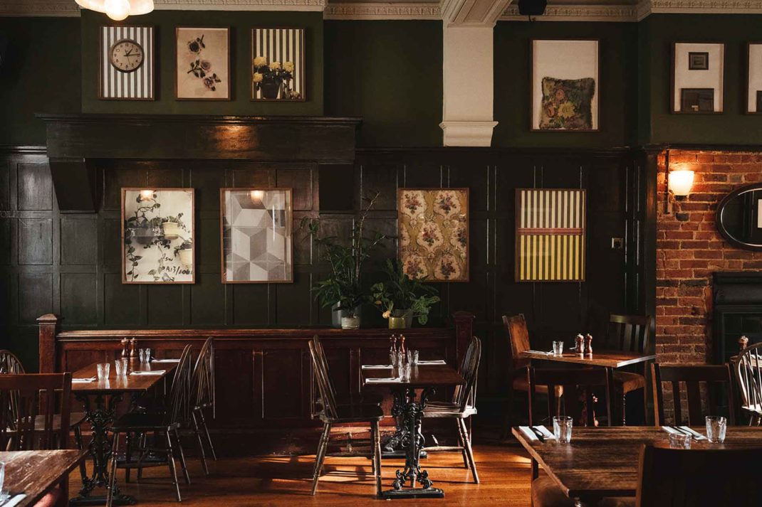 Pub interior with dark green walls