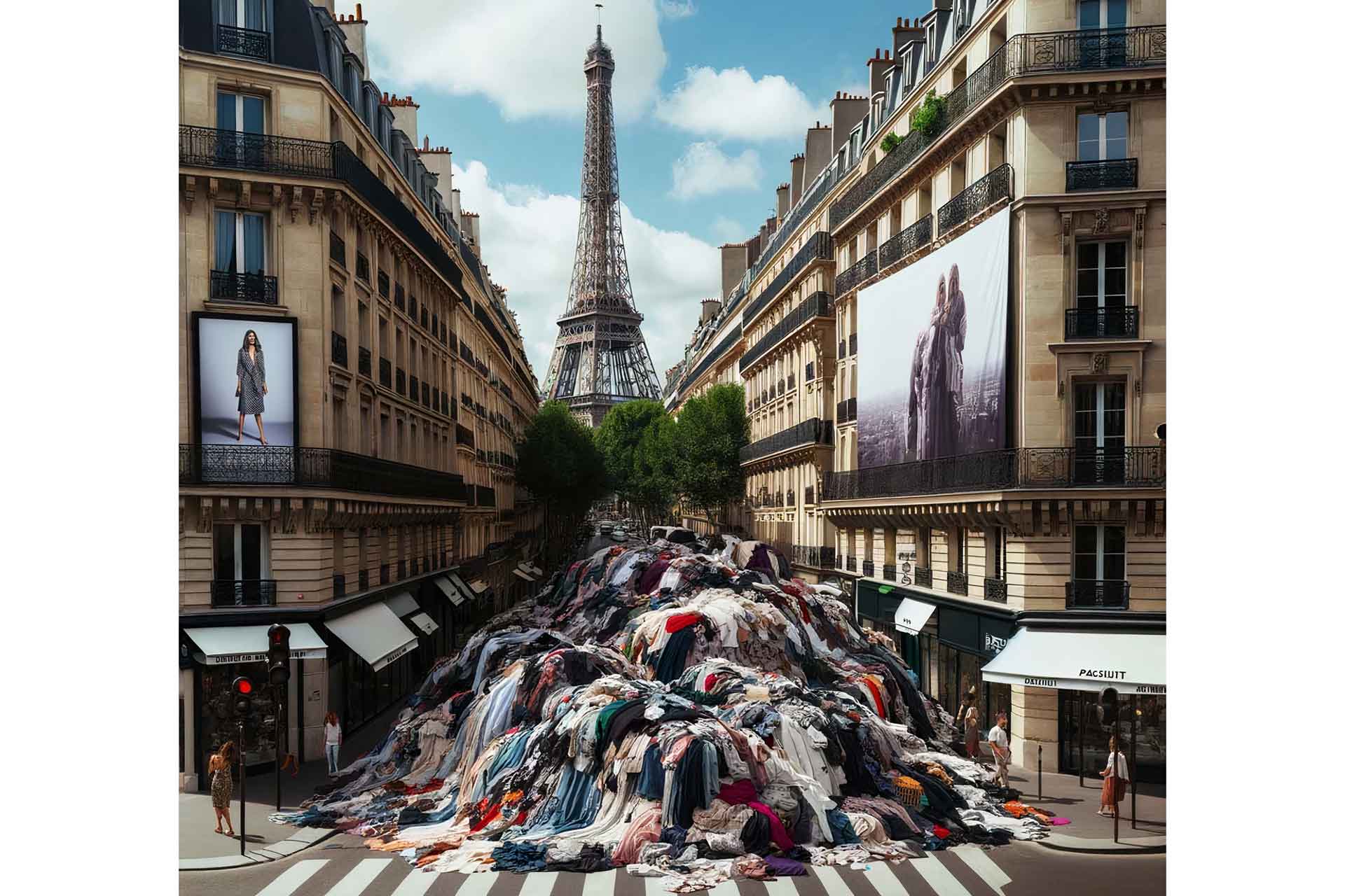 AI image of fashion waste piled up in front of the Eiffel Tower