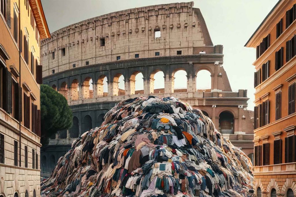 AI image of fashion waste piled up in front of the Colosseum in Rome