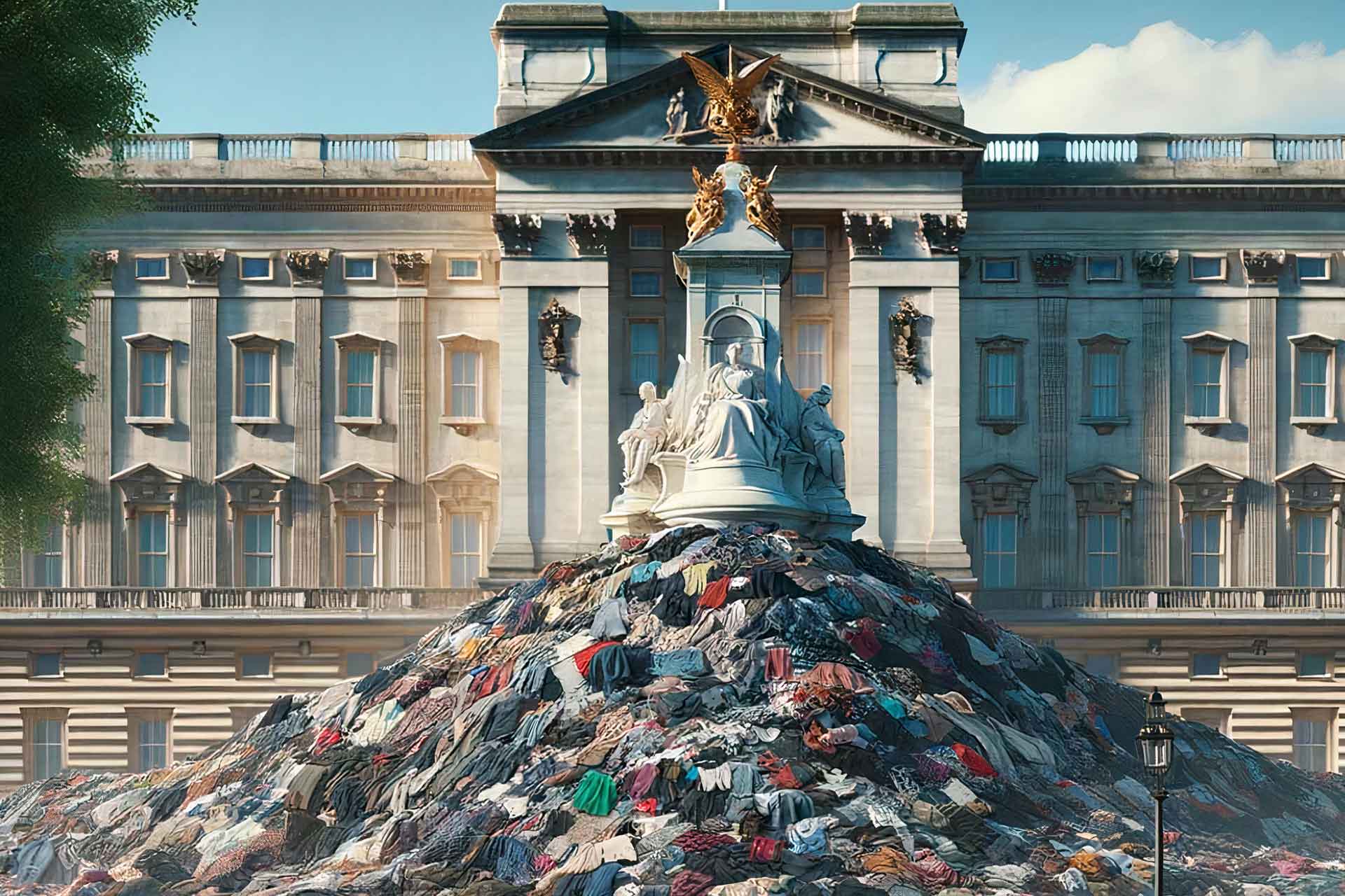 AI image of fashion waste piled up in front of Buckingham Palace