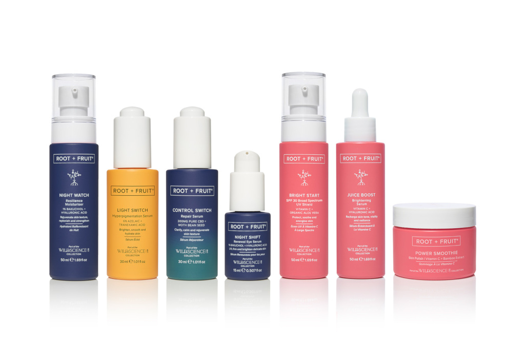 Skincare bottles lined up