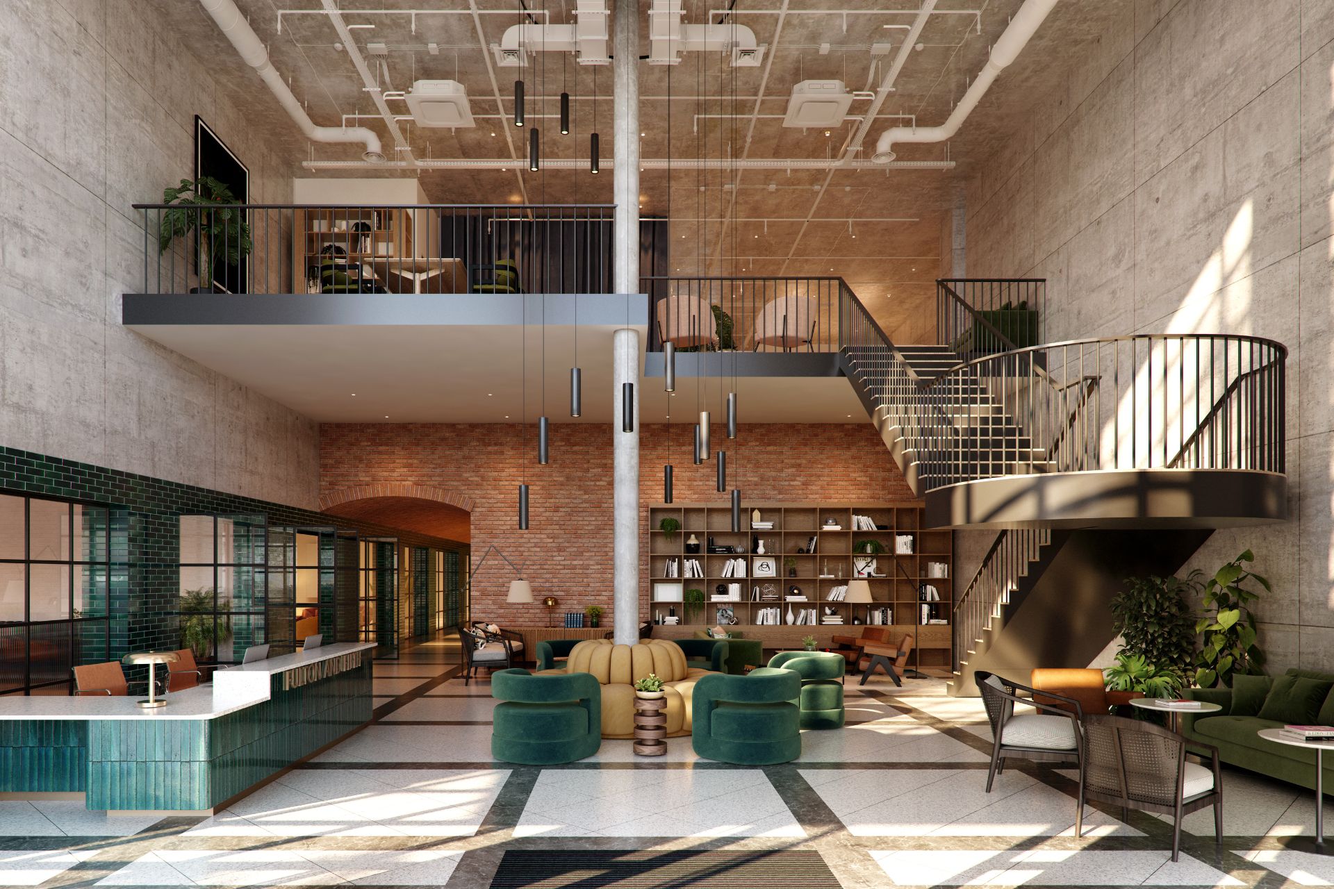 Lobby with green tiled desk, round tables, green and yellow armchairs and a mezzanine workspace.
