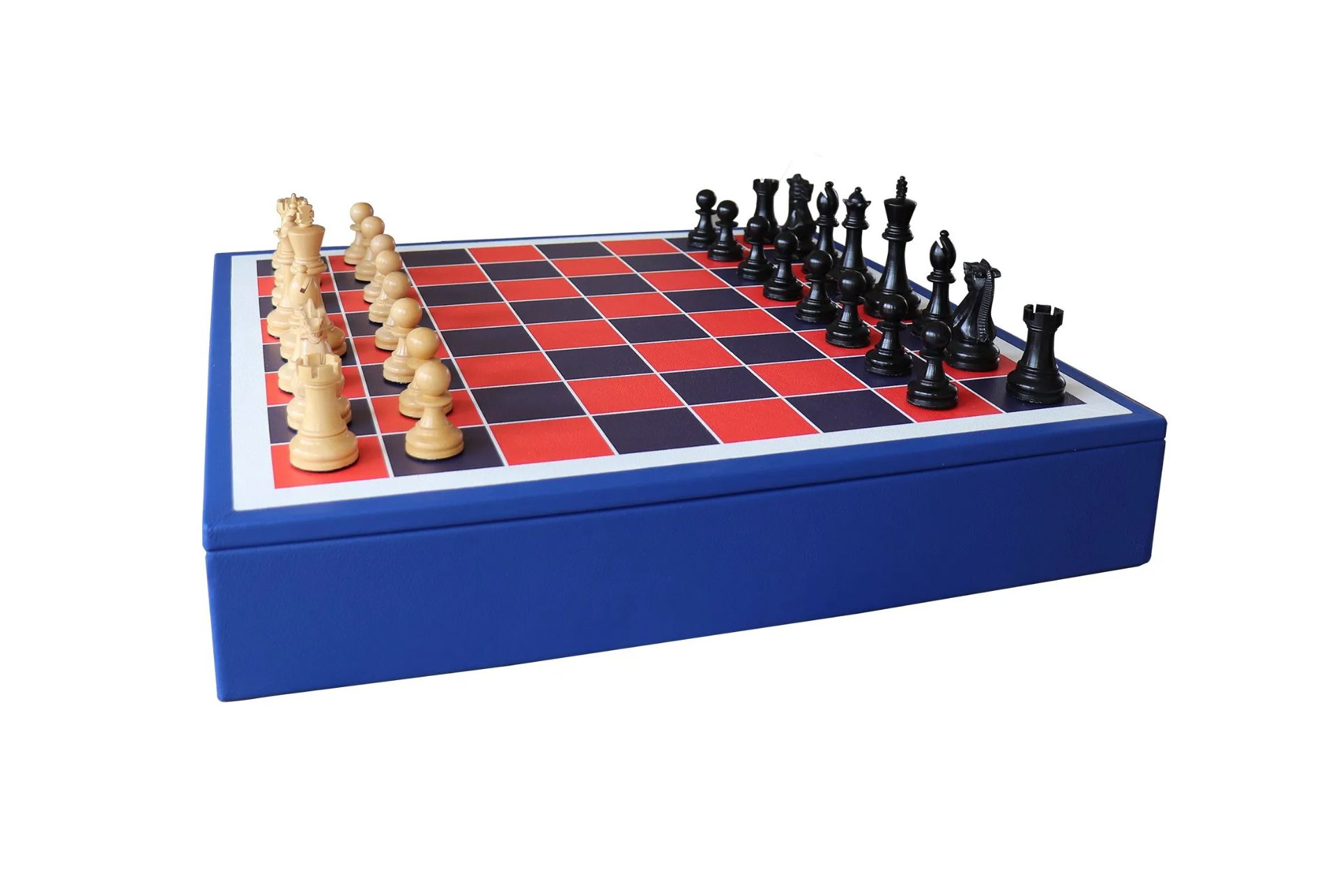 Blue chess set with red and black board
