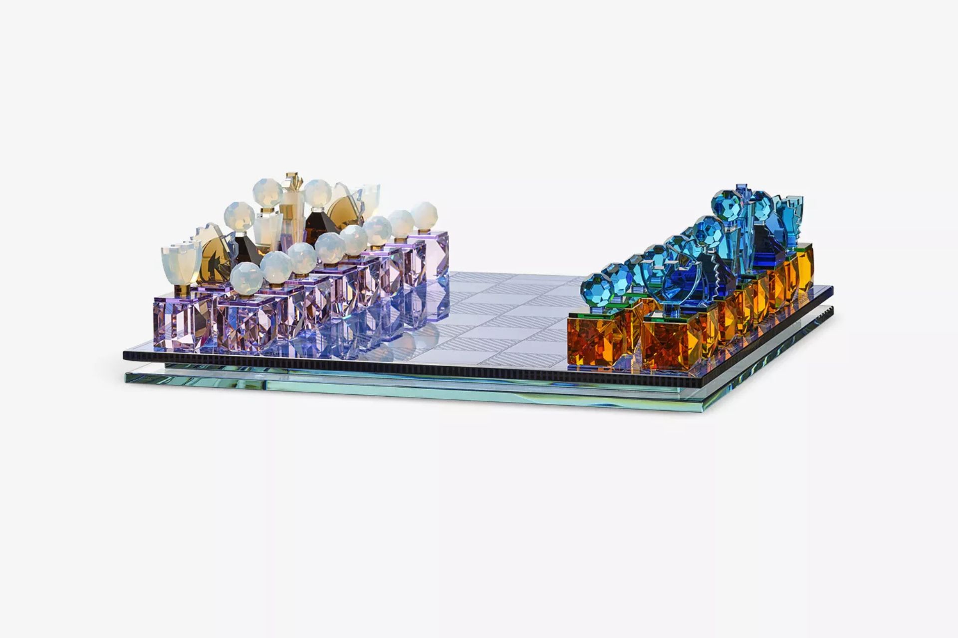 Blue crystal chess set with orange and blue crystal pieces