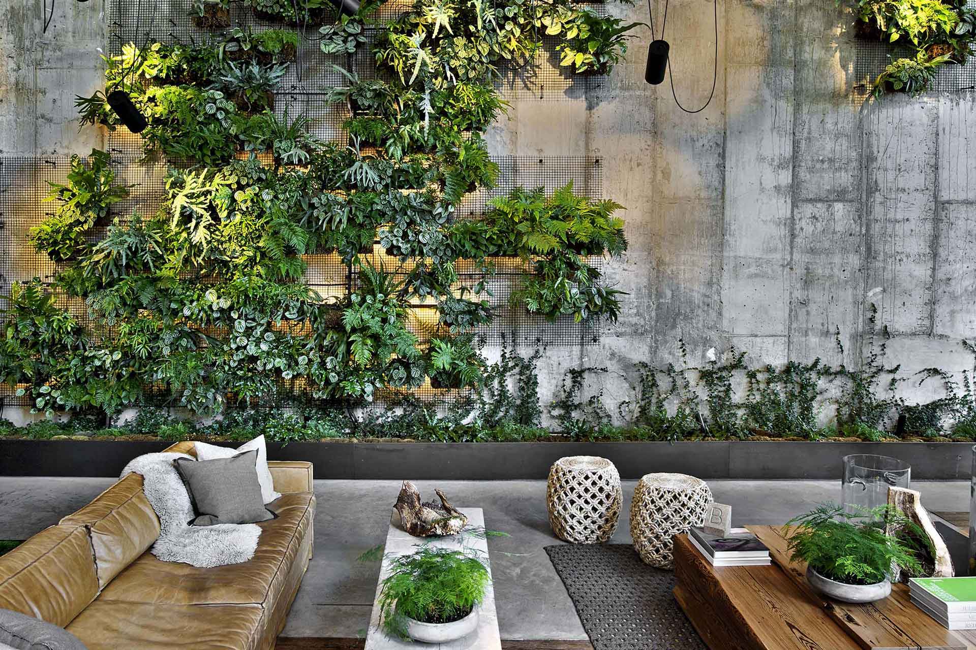 Lobby with plant-covered wall