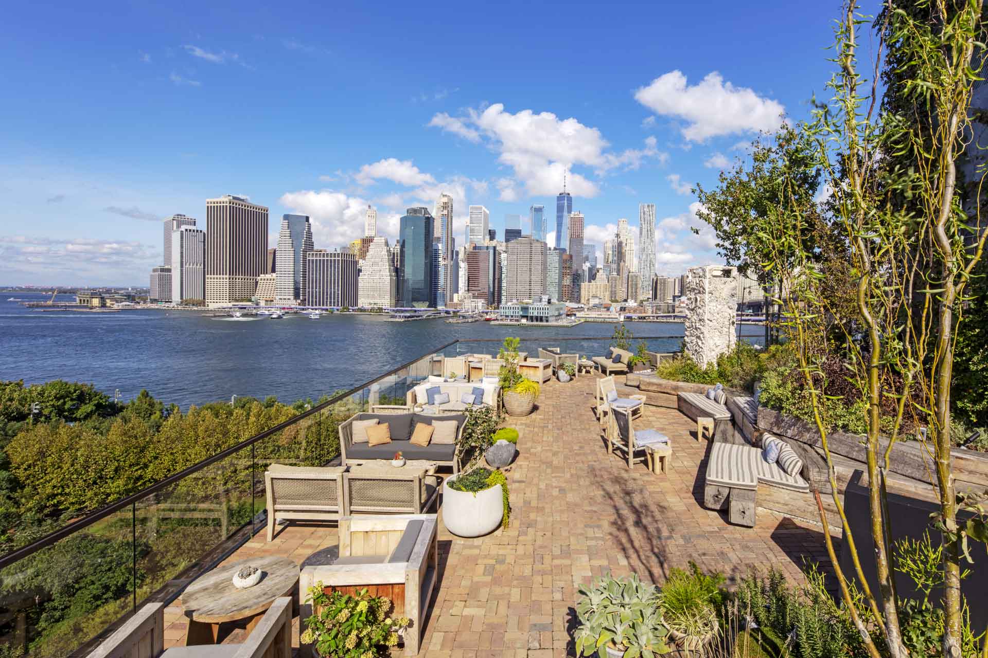Rooftop terrace with views of the Manhattan skyline