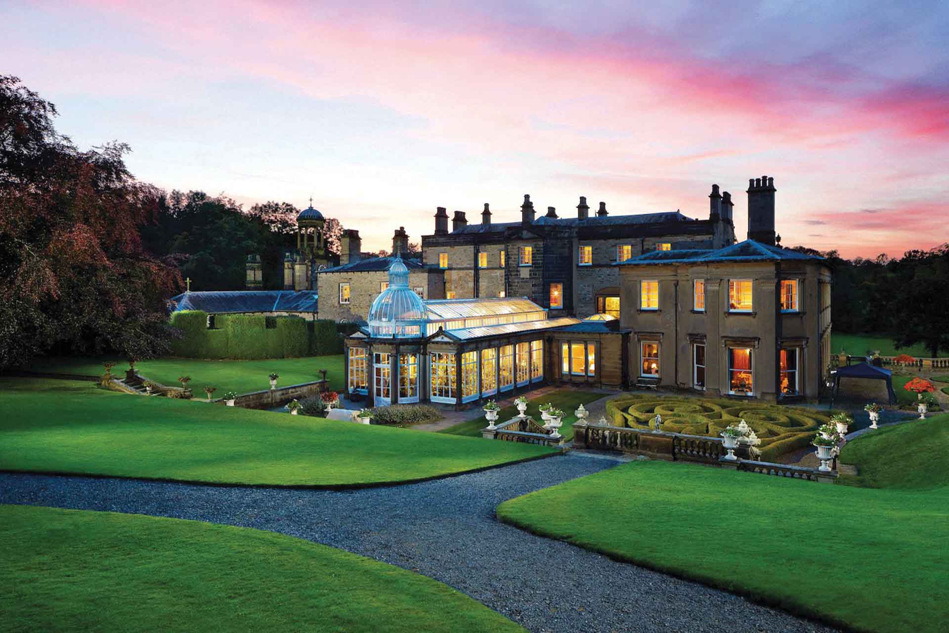 Exterior of Broughton Hall at sunset