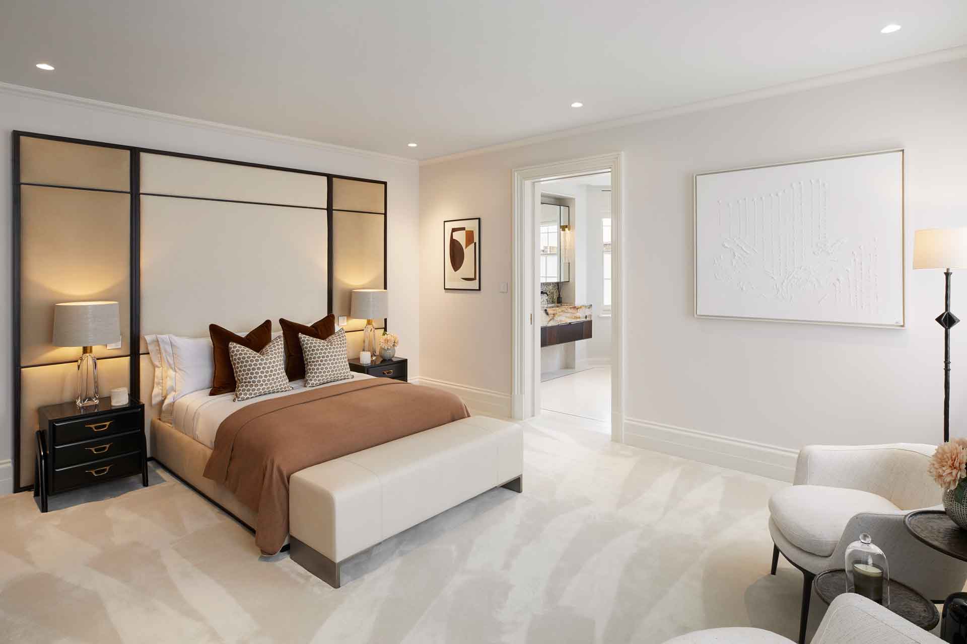 Bedroom with cream carpet,