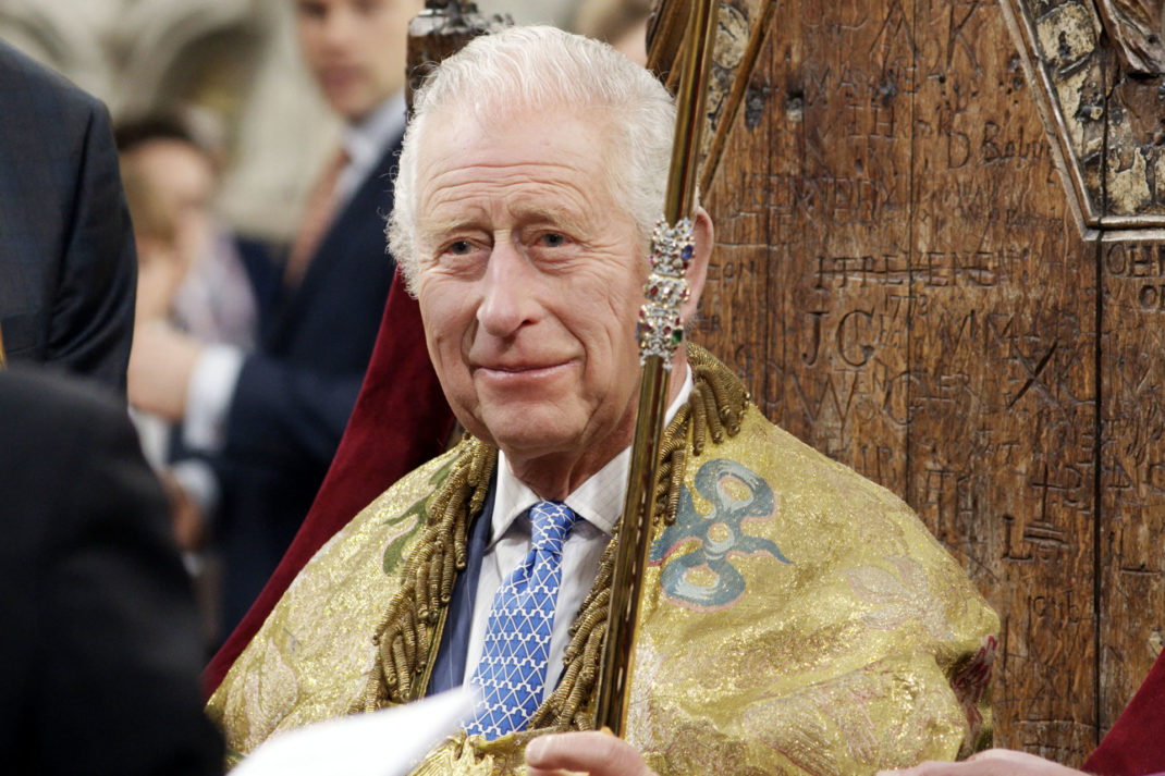 King Charles III at Coronation rehearsaln Westminster Abbey.
