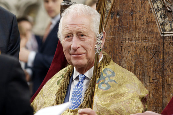 King Charles III at Coronation rehearsaln Westminster Abbey.