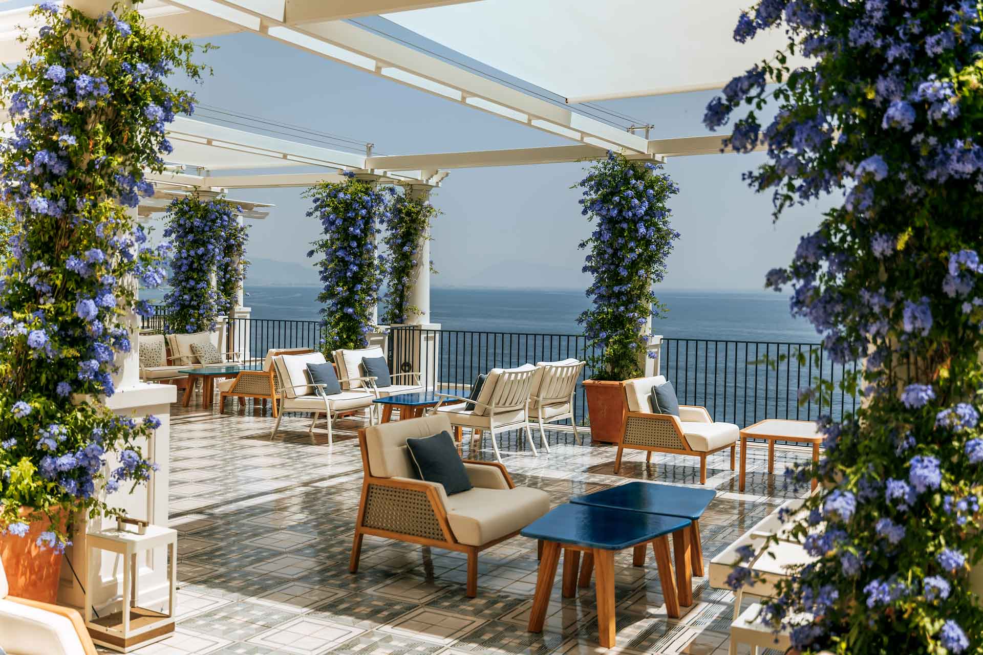 Outdoor dining area overlooking the sea