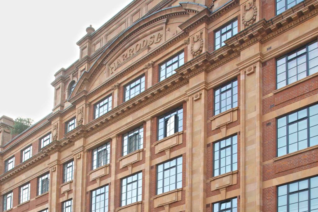Exterior of the Harrods Depository, with a brick and terracotta facade