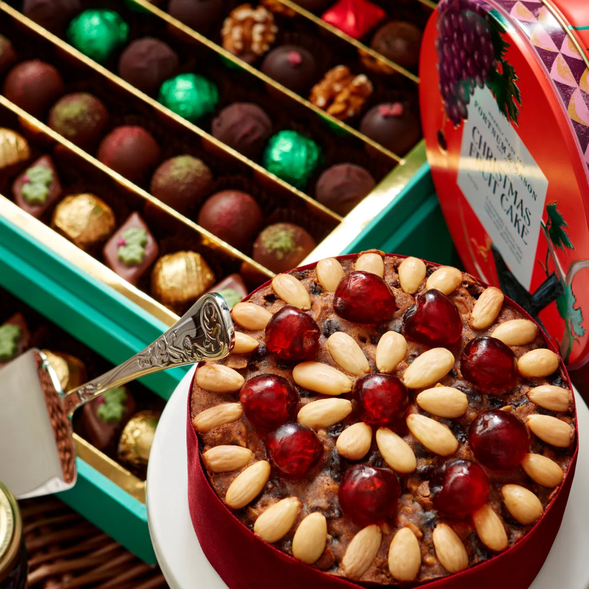 Close up of Christmas cake and chocolates