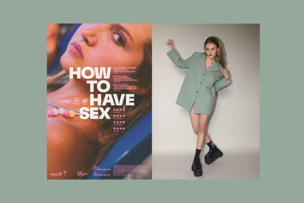 Image shows poster for new film 'How To Have Sex' side by side with an image of actor Lara Peake in teal blazer