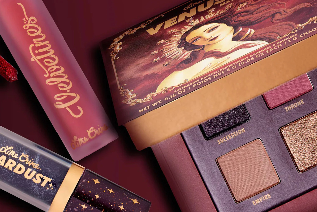 Close up of burgundy makeup products