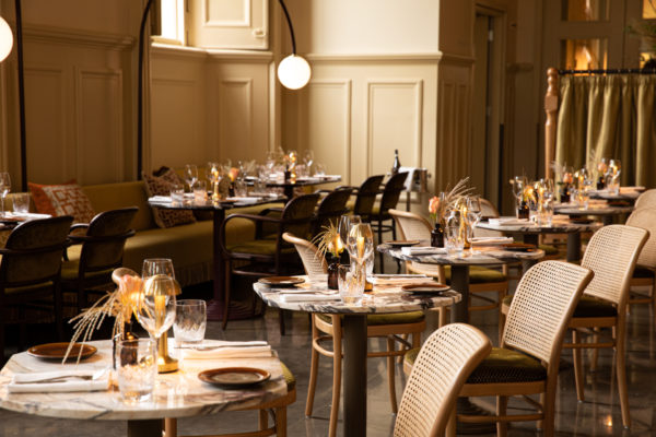 Tables set in Ochre restaurant, The National Gallery
