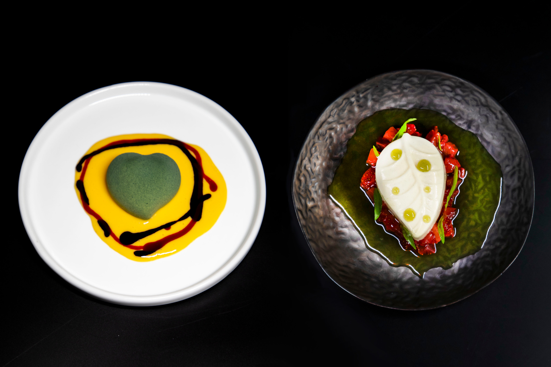 Two plates of dessert on black background