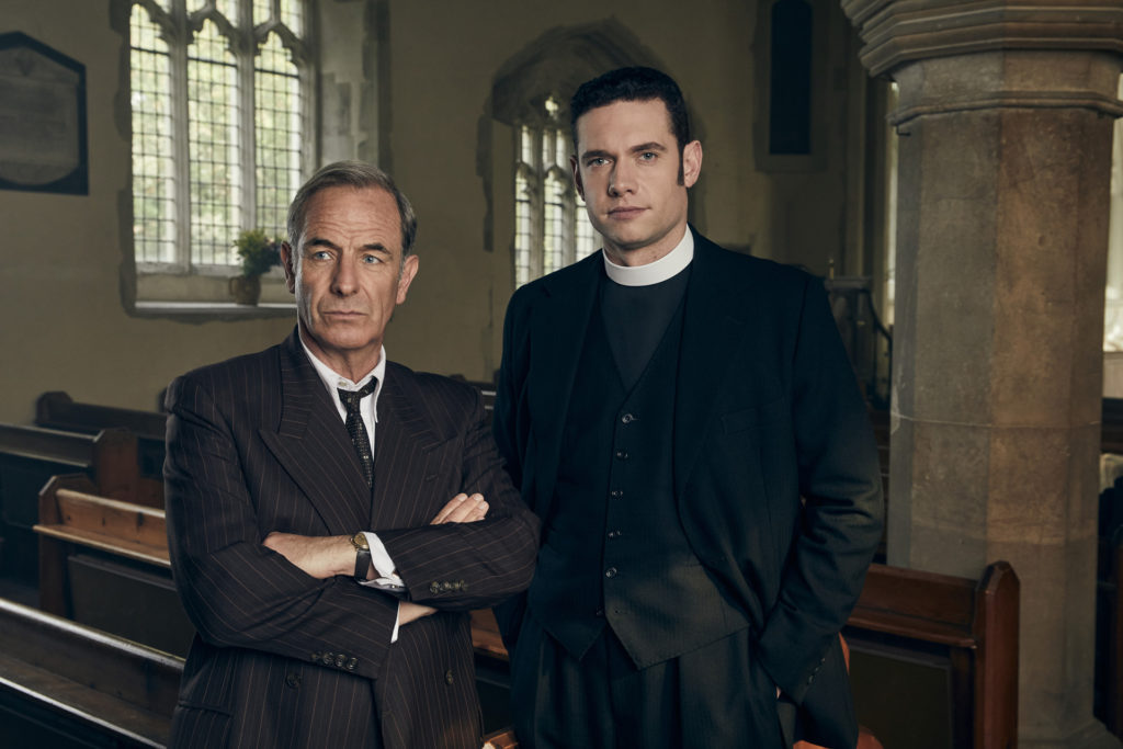 ROBSON GREEN as Geordie Keating and TOM BRITTANY Will Davenport in Grantchester on ITV